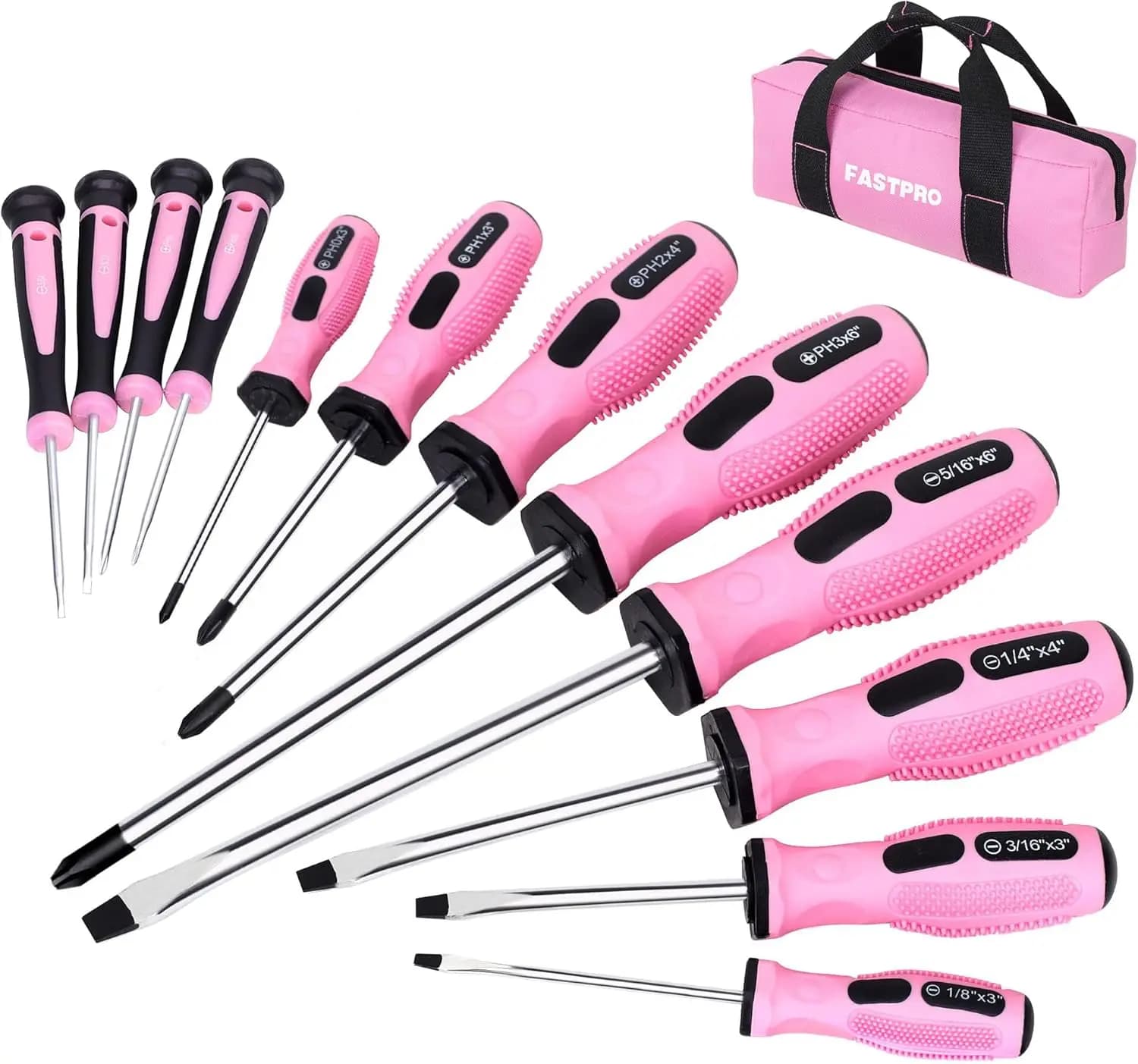 Set of 12 Pink Magnetic Screwdrivers with Ties, Phillips and Women Precision Tips, Includes Storage Bag
