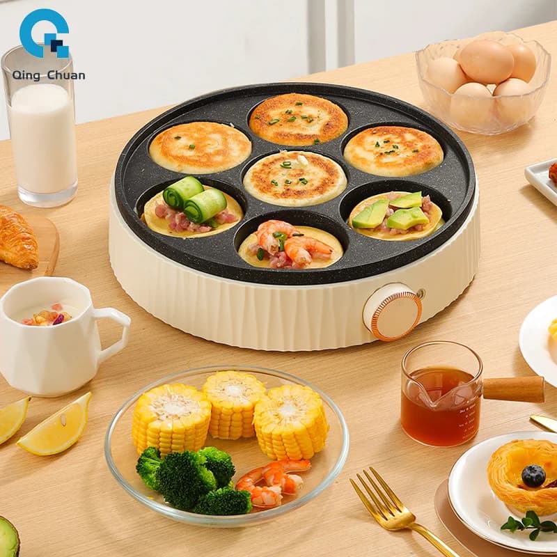 7 holes electric non-stick pan for home use with glass lid Metal breakfast pots