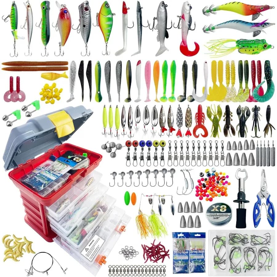Complete kit of fishing baits with box for fresh and salt water fishing equipment: includes Crankbaits Minnow Spinnerbaits