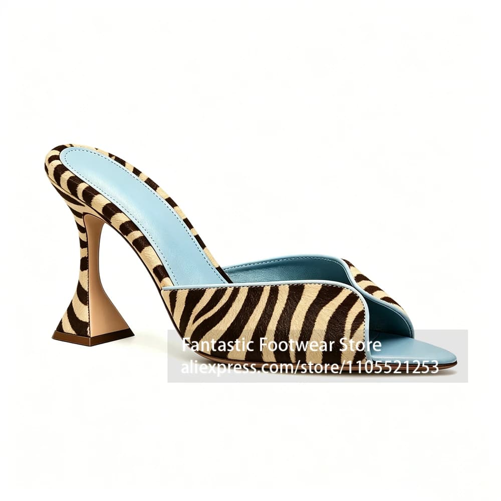 Zebra Print Open Toe Flared Heel Mules Women Slip On Pointed Toe Faux Calf Hair Leather High Heel Sandals Summer Shoes for Women