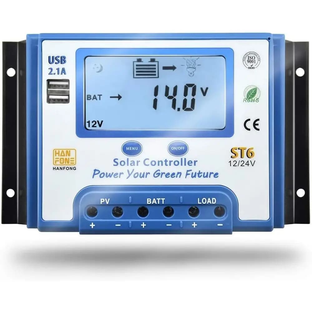 60A Solar Charge Controller 12V/24V Automatic Voltage Recognition Solar Panel Charging Discharge Regulator with Dual 5V USB Outp
