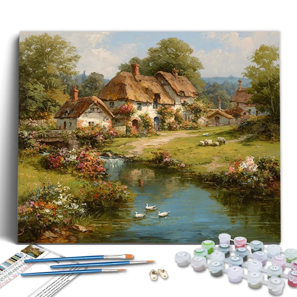 RUOPOTY Pittura con Numeri Paesaggio Villaggio Dipinti su Tela con Numeri Quadri Moderni con Cornice Kit di Disegno su Tela Decorazione Murale