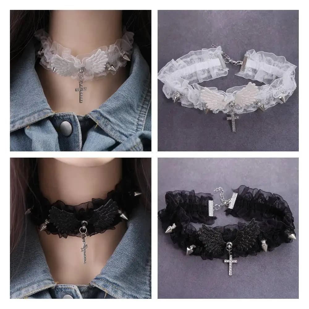 Lolita Solid Color Women's Necklace Wide Lace Angel Wings Lace Choker Cool Rivets Leather Necklace Lady
