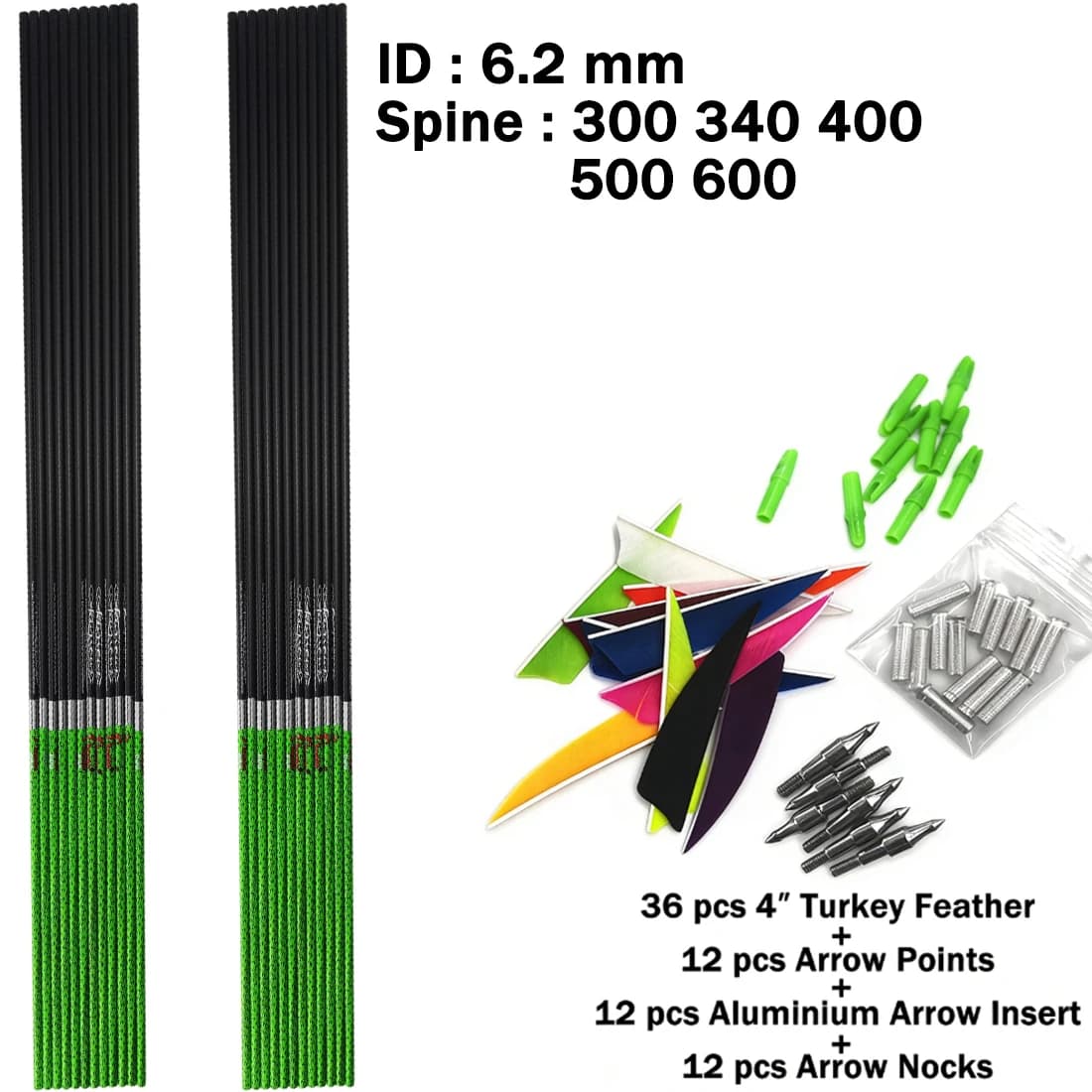 12 Pezzi Aste in Carbonio per Frecce da Tiro con l'Arco, Spine 300-600, ID 6.2mm, per Frecce Fai-da-te, Accessori per Tiro con l'Arco Compound e Ricurvo, Caccia e Tiro