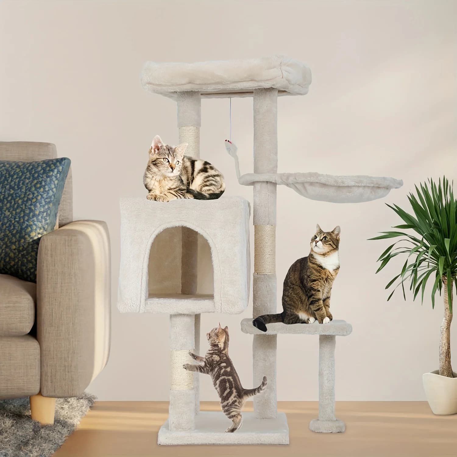 Tiragraffi per Gatti da 38 Pollici, Torre Arrampicata Multilivello Resistente con Postazione di Gioco Confortevole e Divertente, Spaziosa