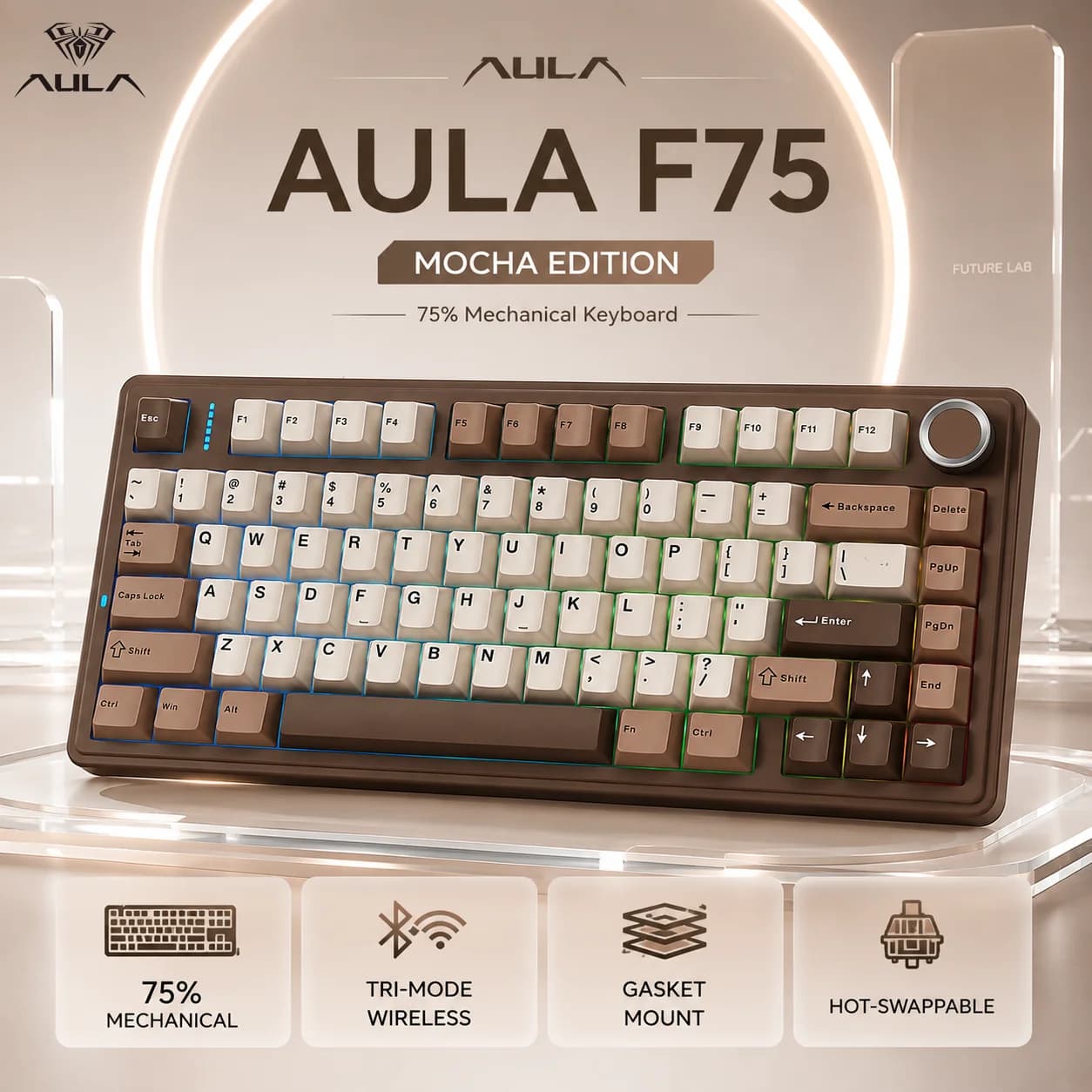 AULA F75 Wireless Mechanical Keyboard Bluetooth5.0 2.4G Wired Gasket Hot Swappable RGB PBT Keycap 75% Layout Gaming Keyboard