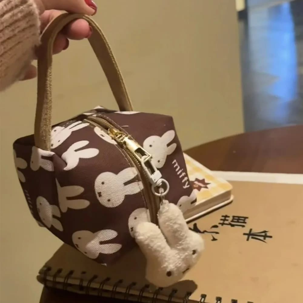 Borsa per il trucco in tela marrone con stampa Miffy, pochette quadrata per cosmetici, organizer da viaggio portatile con simpatico cartone animato, regalo per ragazza