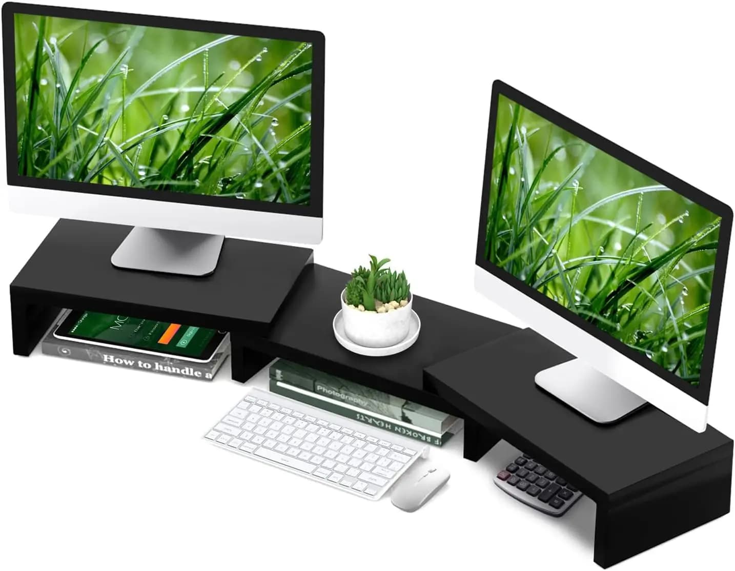 Supporto regolabile per doppio monitor con 3 ripiani portaoggetti, adatto per computer, laptop, TV fino a 43,3 pollici