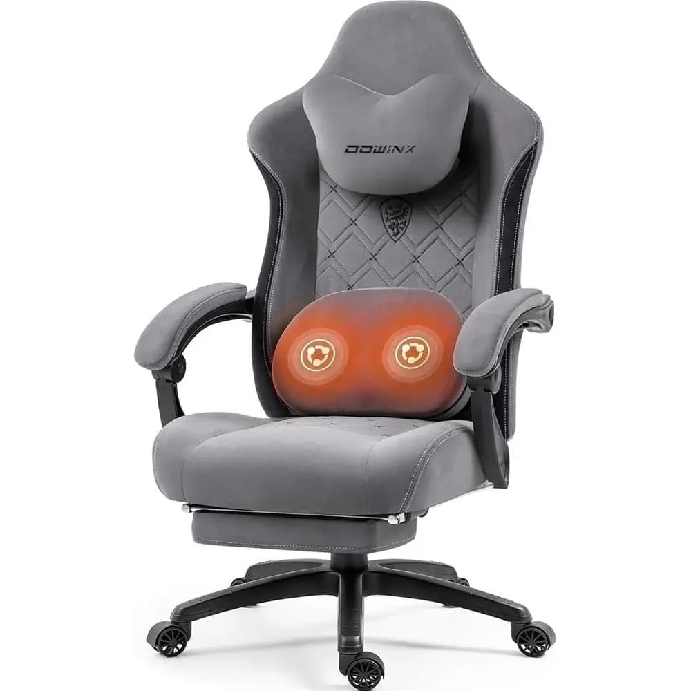 Sedia da Gaming con Supporto Lombare Riscaldato e Massaggiante per Adulti, Poltrona Ergonomica Grande e Alta con Cuscino a Molla e Poggiapiedi, Grigia