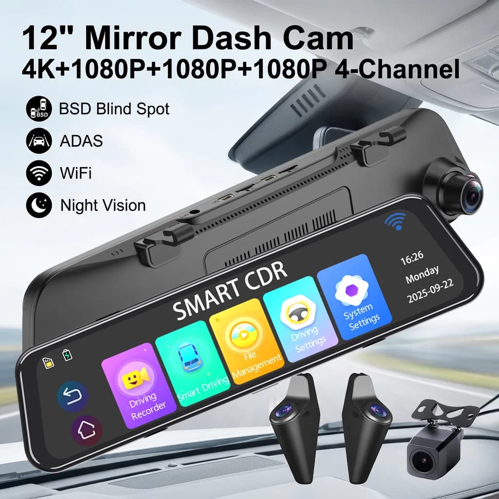 Dash Cam 4K Super HD con BSD ADAS, Specchietto Retrovisore con Rilevamento Punti Ciechi, Registrazione in Loop, Telecamera Posteriore 1080P, Registratore Video 12 Pollici