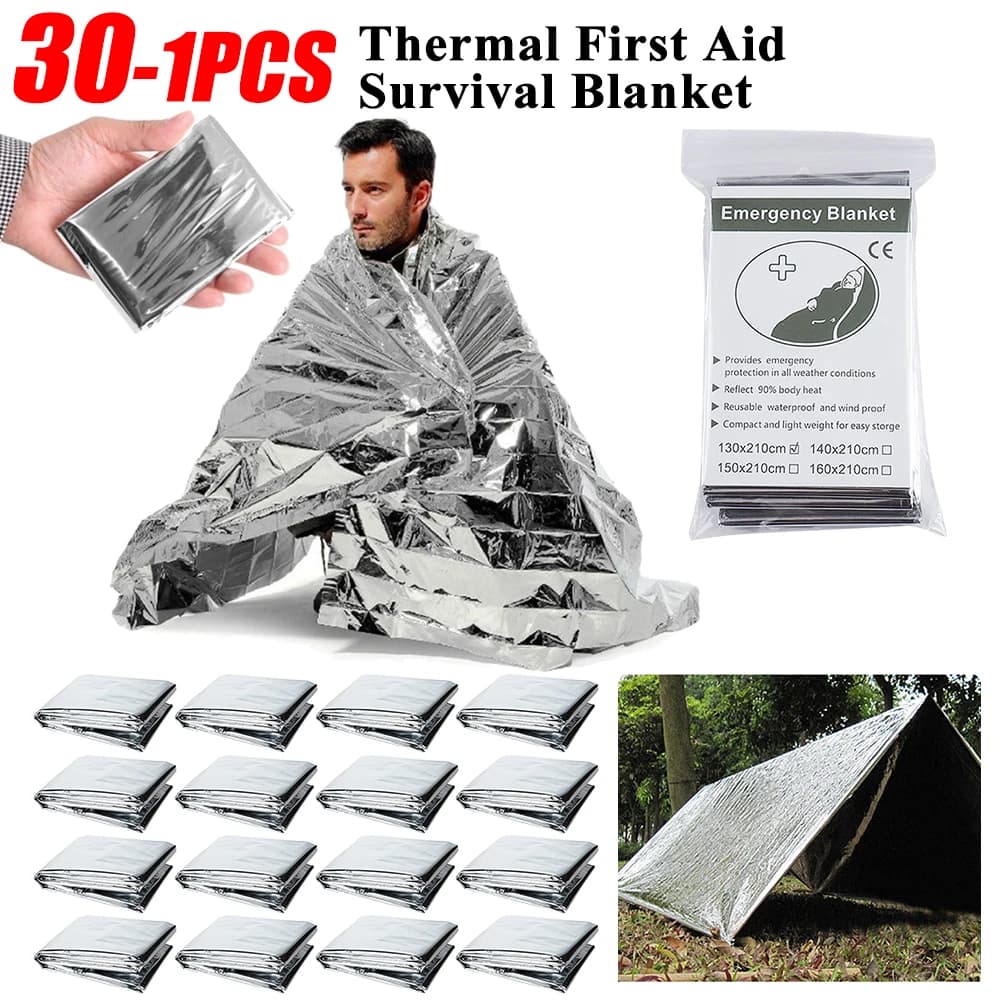 30-1PCS Coperta di salvataggio di emergenza Sopravvivere all'aperto Coperta di sopravvivenza di primo soccorso Kit di salvataggio militare Coperta termica in lamina di salvataggio