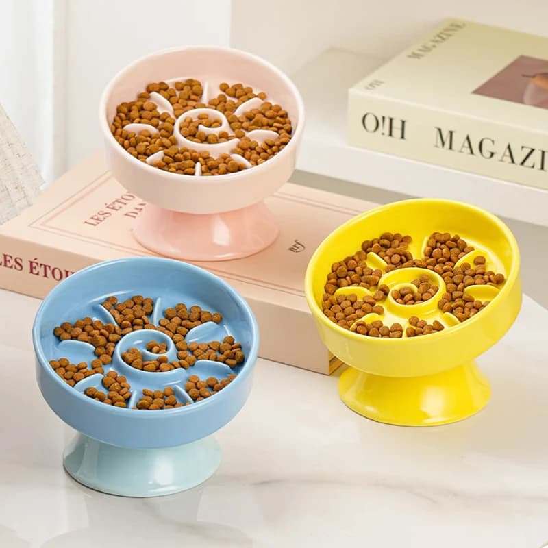 Ciotole per animali domestici con piedi alti per acqua potabile in ceramica creativa Protezione anti-ribaltamento del collo Ciotola per gatti anti-soffocamento per cibo lento, 1 pezzo