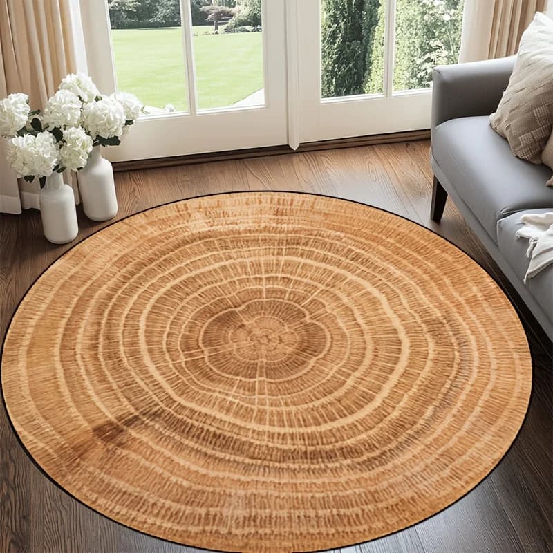 Tappeto Rotondo Effetto Legno con Anelli di Crescita, Tappetino in Flanella, Design Rustico Naturale, per Soggiorno e Camera da Letto, Tappeto da Pavimento Ecologico, Morbido e Confortevole