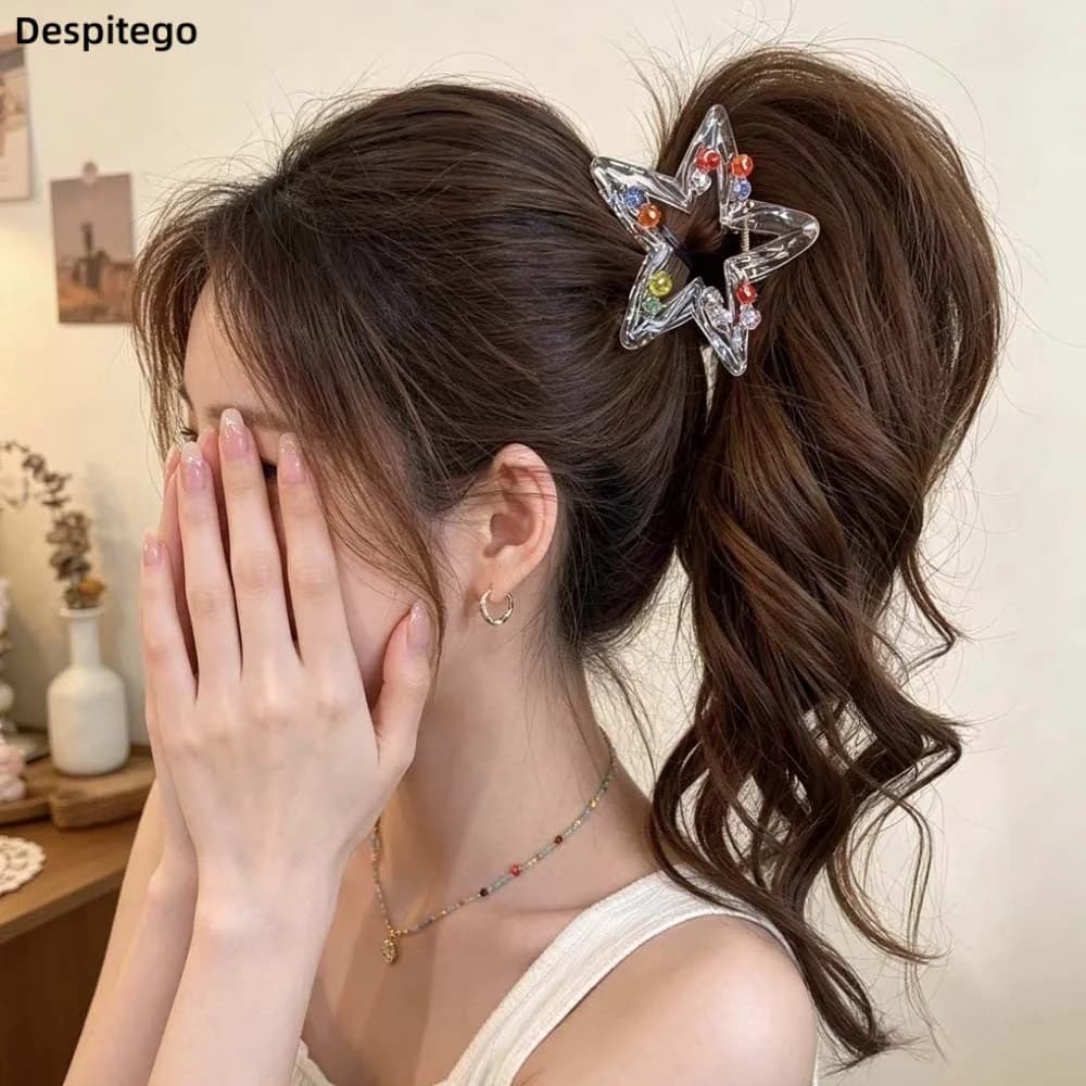 Clear Acrylic Star Hair Claw Dopamine Style Bright Rhinestone Y2K Shark Clip Sweet Pastel Hollow Design Shark Hair Clip
