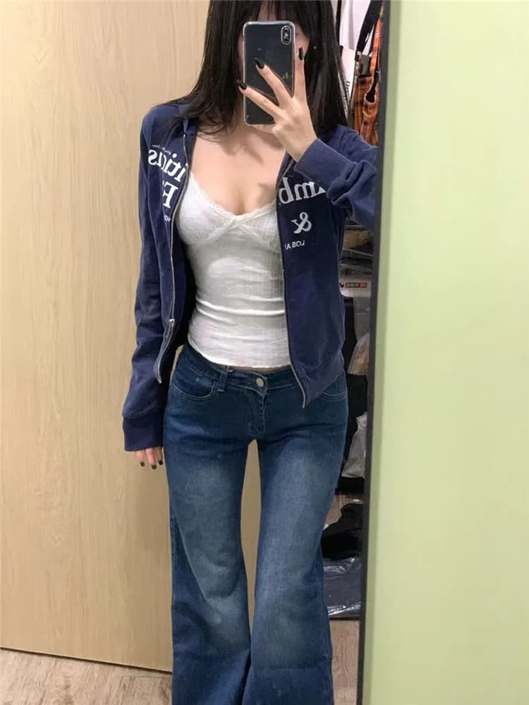 Retro Blue Spicy Girl Low Waist Flared Jeans Women's Spring Autumn Loose Slimming Not Legging Tall Extended Wide Leg Pants
