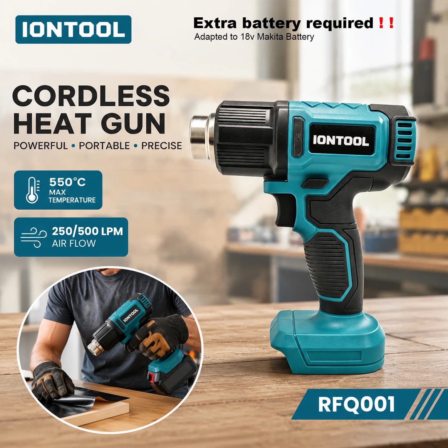 IONTOOL 550℃ 250/500LPM Cordless Heat Gun with Dual Airflow for PVC Pipe Bending Plastic Welding and Craft Work Tool Only