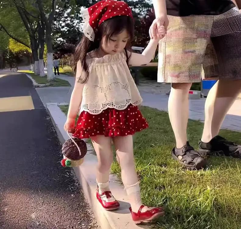 2025 Nuovo cinturino Cappuccetto Rosso Set Estate Ragazza carina Gancio Fiore Stile occidentale Canotta Pantaloni a pois Gonna Set di tre pezzi