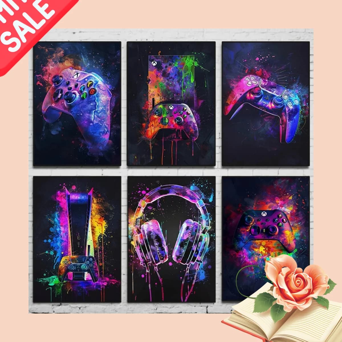 Watercolor Neon Video Game Posters XBOX Prints GamePad Headset Canvas Painting Gaming Wall Art Boys Gamer Room Home Decor