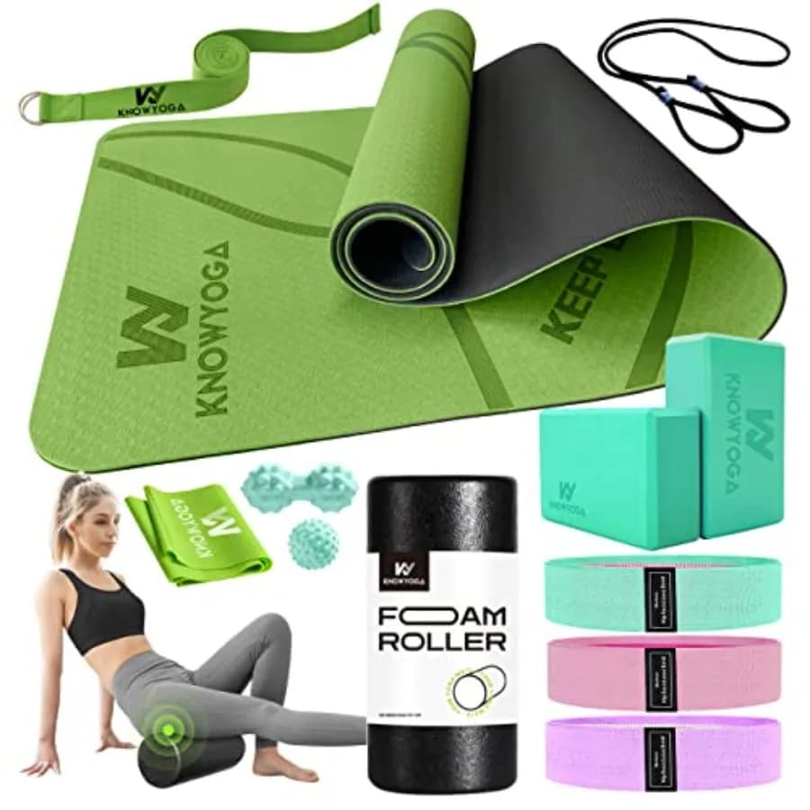Kit Yoga per Principianti 12 in 1 - Set Yoga con Tappetino Yoga, Rullo in Schiuma, 4 Fasce di Resistenza, 2 Blocchi Yoga con Cinghia, 2 Peanut
