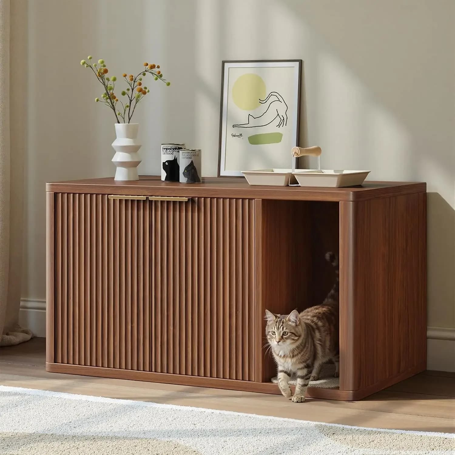 35.4" Walnut Cat Litter Box Enclosure Furniture with Cat Scratch Pad, Large Hidden Litter Box Cabinet with Rounded Corners, Fron