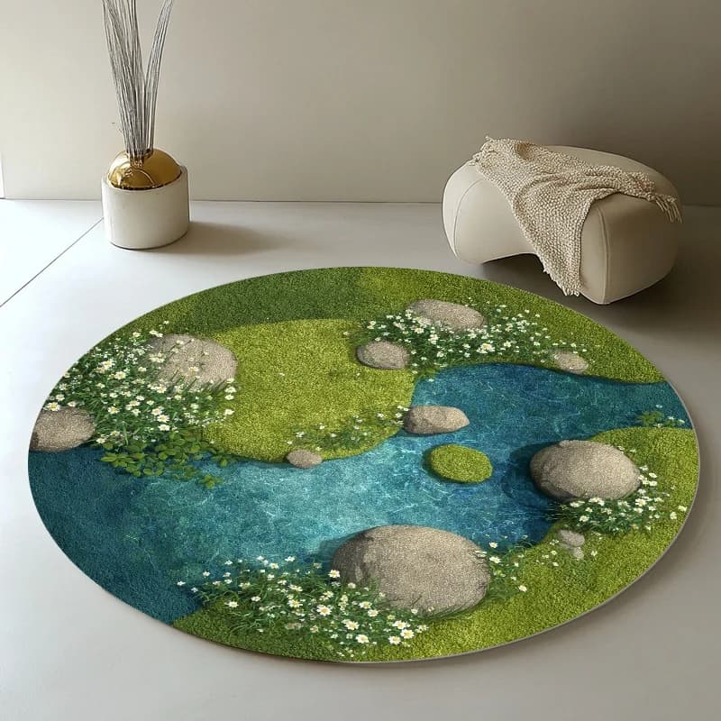 Rolling Carpet in Pile Inspired by Nature Zen Garden Pond Stones, with Natural Water Reason, Grass and Flowers, for Meditation, Yoga and Cover Floor