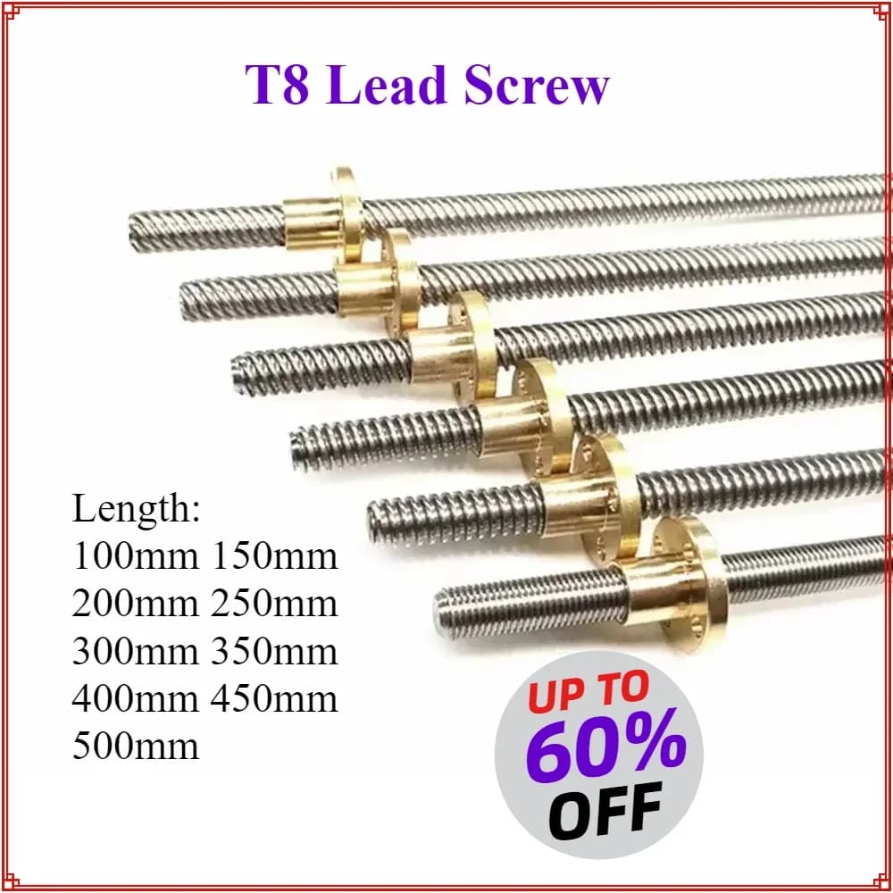 T8 Vite di piombo Asta Piombo Passo 8mm OD 8mm Passo Asta trapezoidale in acciaio inossidabile Dado in ottone filettato per stampante 3D Reprap Parte CNC