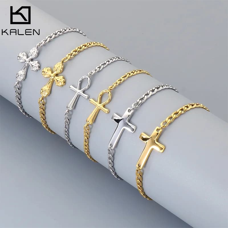 Bracciali con Ciondolo a Croce KALEN Unisex in Acciaio Inossidabile Lucido, Catena Cubana Regolabile, Colore Oro e Argento, Gioielli Moderni