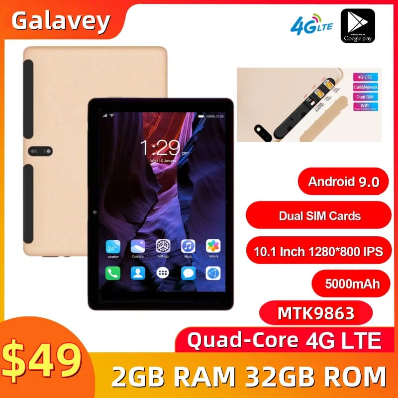 T960 10.1'' Android 9.0 Tablet 3GB RAM 32GB ROM MTK9863 4-Core 1280 x 800 IPS 5000mAh Supports 2G\3G\4G Calls