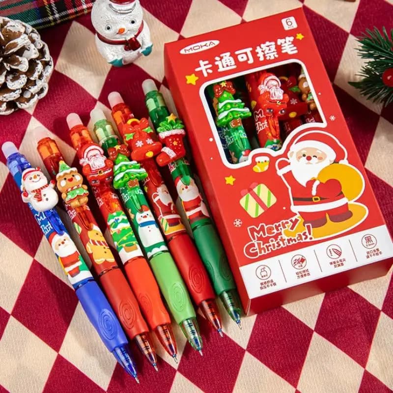 6 pezzi di cartoni animati a tema natalizio penne gel cancellabili Kawaii scrittura ad asciugatura rapida tinta blu liscia penne neutre regalo di cancelleria per studenti
