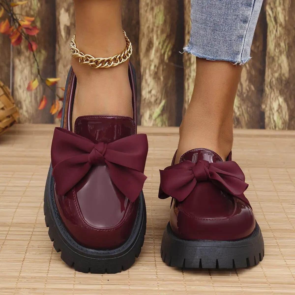 Mocassini con Nodo in Stile Britannico da Donna, Taglie Grandi, Punta Tonda, Suola Spessa, Scarpe in Pelle per Tutte le Stagioni