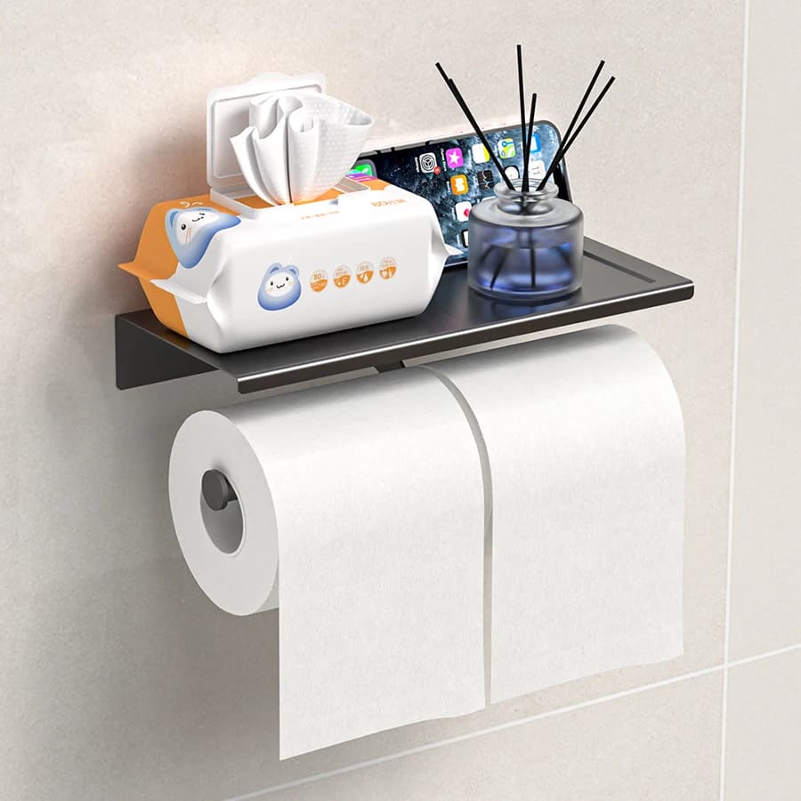 Porta asciugamani di carta nero da 1 pezzo, supporto da parete senza chiodi in acciaio inossidabile con ripiano portaoggetti - per bagno, WC, appartamento, hotel