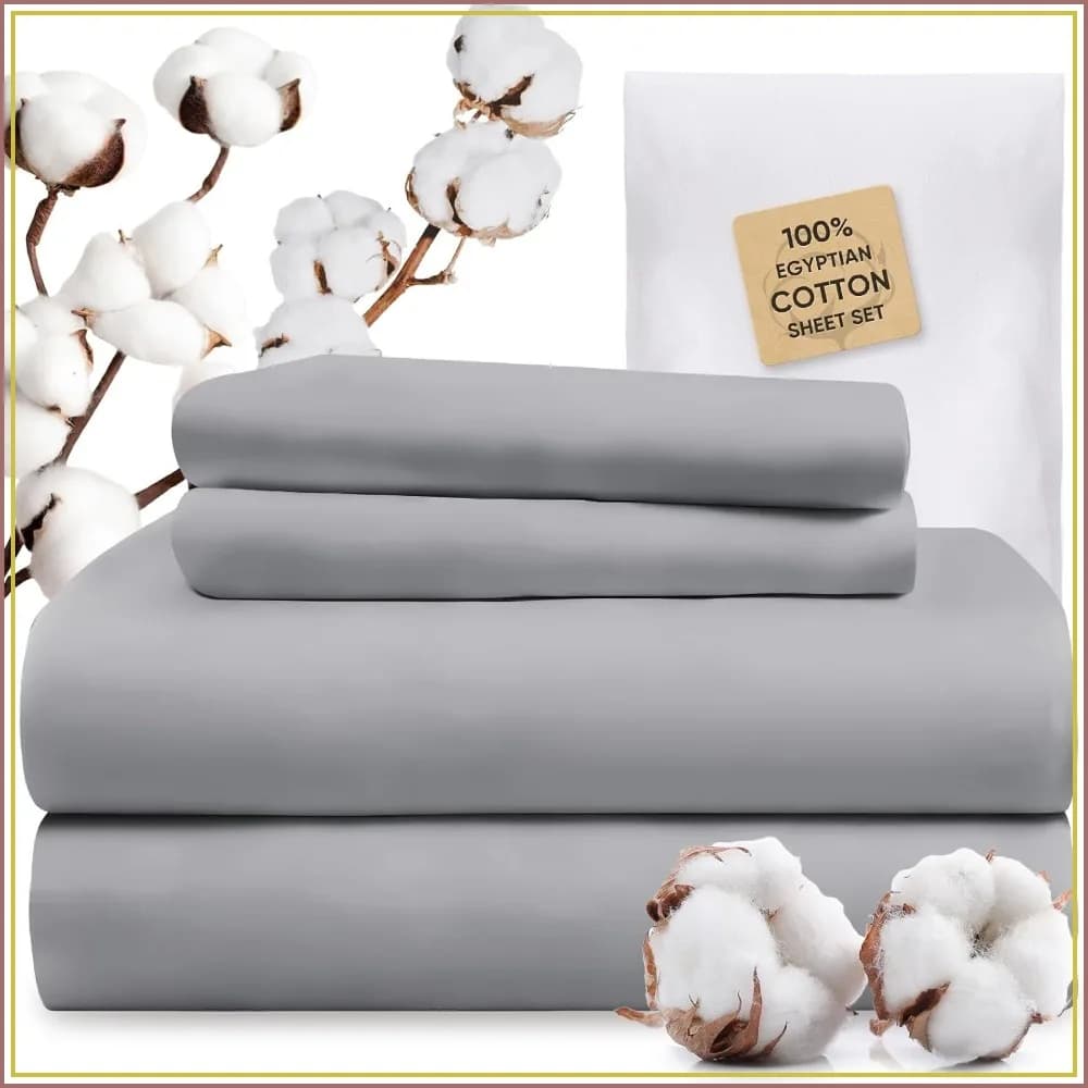 1200 Thread Count 100% Egyptian Cotton Sheet Set, Deep Pocket Up to 18", Gray Queen with Laundry Bag