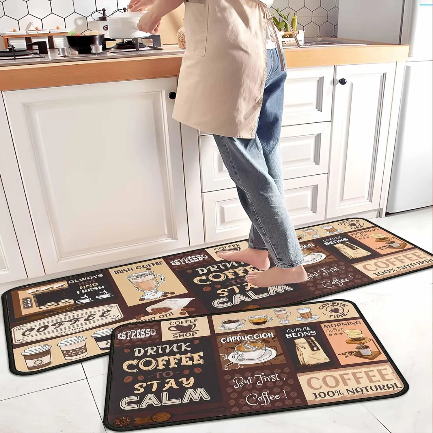 VIKAMA 2 coffee mats and kitchen mats, non-slip, washable in washing machine, resistant to stains and fading, suitable for kitchen home decoration