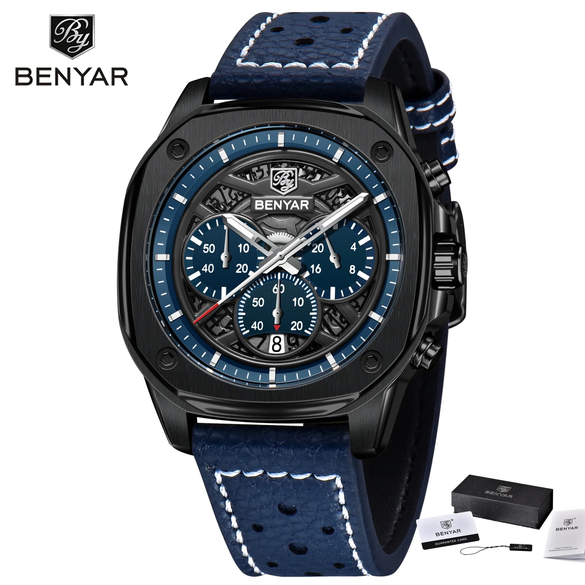 BENYAR 5222 Men's Sports Wrist Watch with Leather Strap, Quartz Watch for Men, Male's Watch
