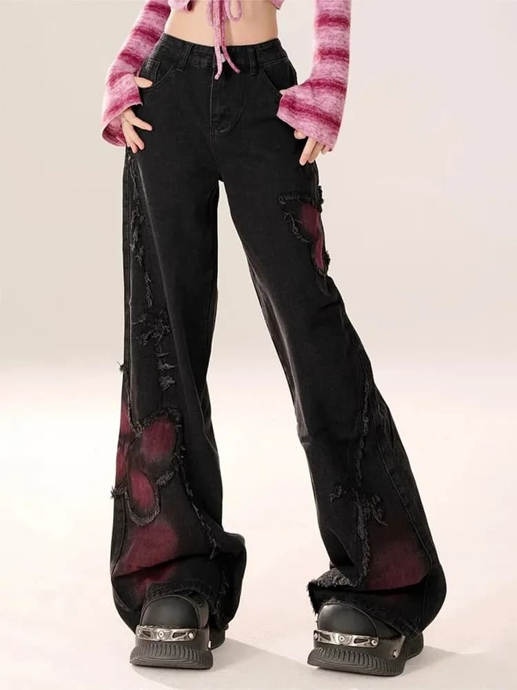 2024 Cyber Y2K Moda Farfalla Patchwork Baggy Impilato Nero Jeans Pantaloni Per Le Donne Vestiti Harajuku Pantaloni Della Signora Ropa Mujer