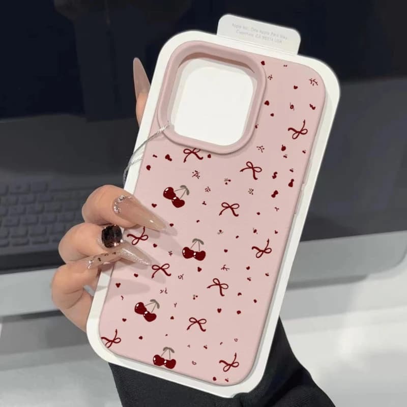 Cute Red Cherry Bowknot Pattern Phone Case For iPhone 17 Air 16 15 14 13 12 11 Pro Max 16E 17E X XR XS Max Shockproof Back Cover