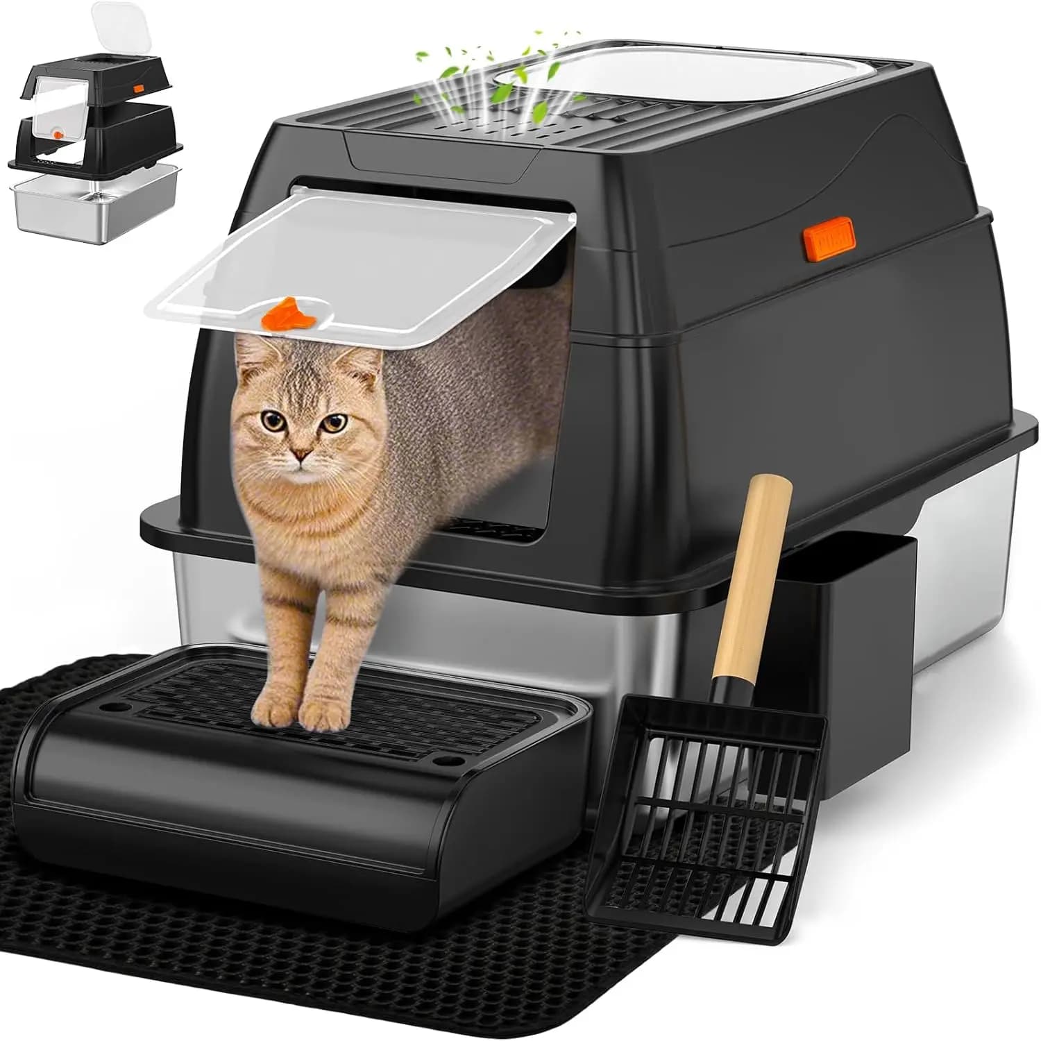 Lettiera per Gatti in Acciaio Inossidabile con Coperchio, XL con Ingresso Frontale, Vassoio Superiore in Metallo per Gatti Grandi, Nera