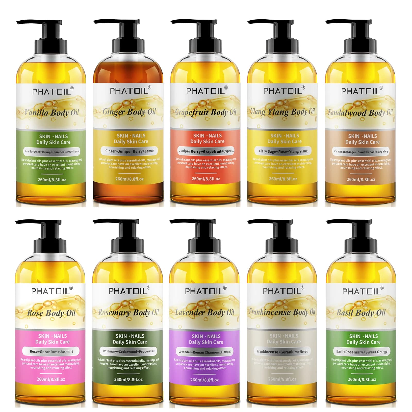 PHATOIL 260ml Olio per il corpo per idratare e lenisce la pelle Zenzero Pompelmo Rosa Lavanda Massaggio Oli per il corpo Fragranza a lunga durata