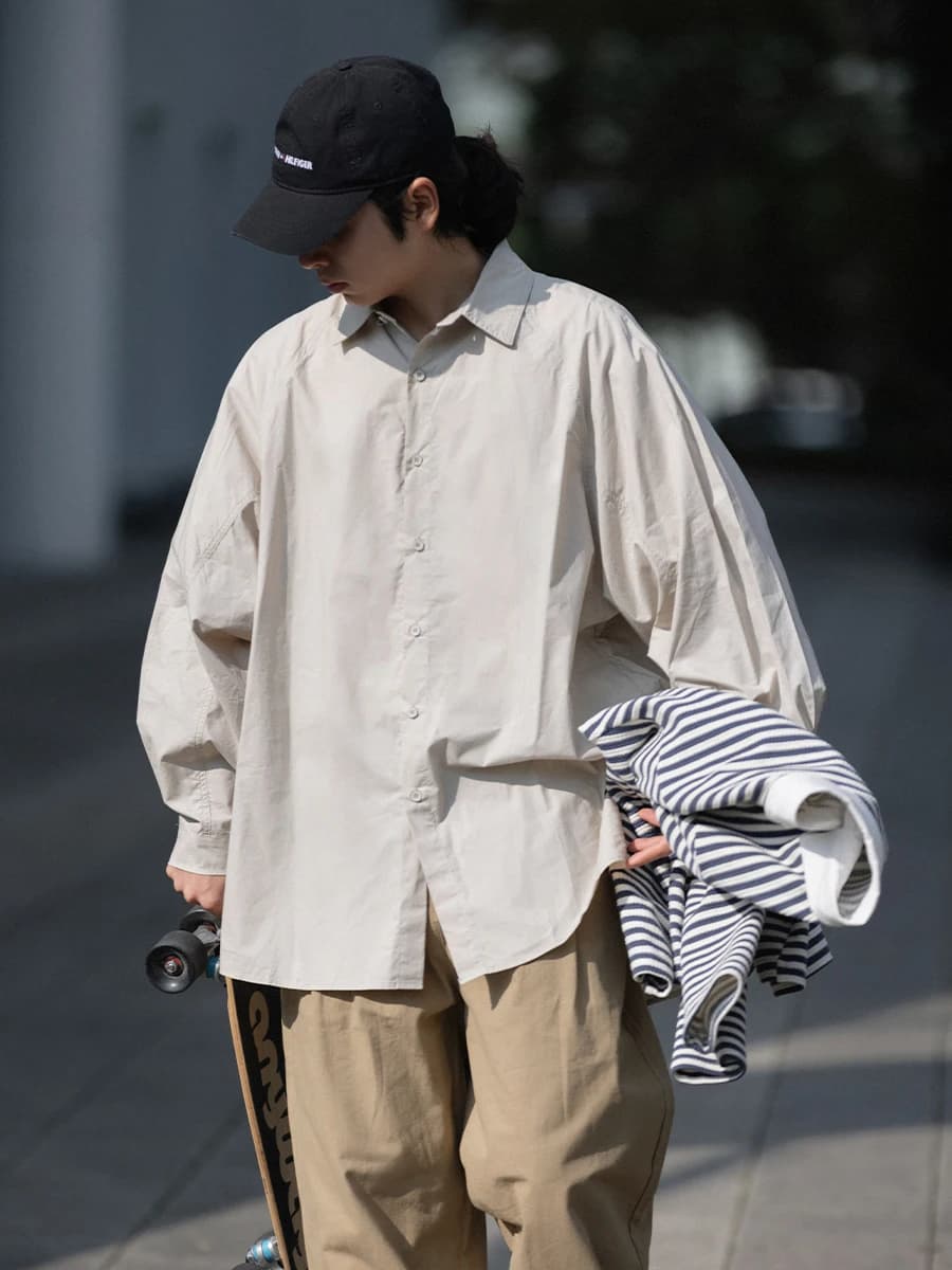 Noears Loose Fit Samurai Long Sleeve Shirt Pure Cotton Shoulder Insert Cityboy Thin Cotton Breathable Youth Fashion Spring