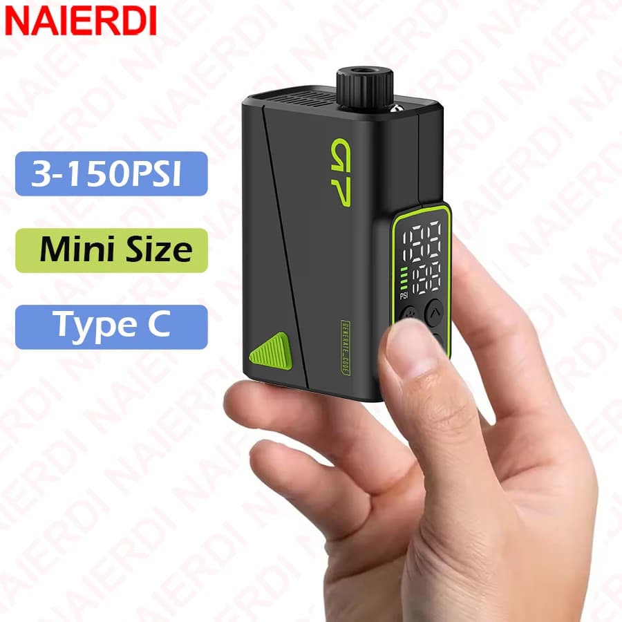 NAIERDI Mini pompa elettrica portatile per bici Gonfiatore per pneumatici senza fili Gonfiatore d'aria max 150PSI con schermo LED Ricarica rapida