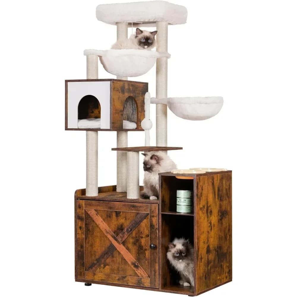 XMSJHey-brother Tiragraffi per Gatti con Box Lettiera Integrato, Torre per Gatti Moderna per Gatti da Interno con Ampia Piattaforma, Cuccia e Stazione Cibo