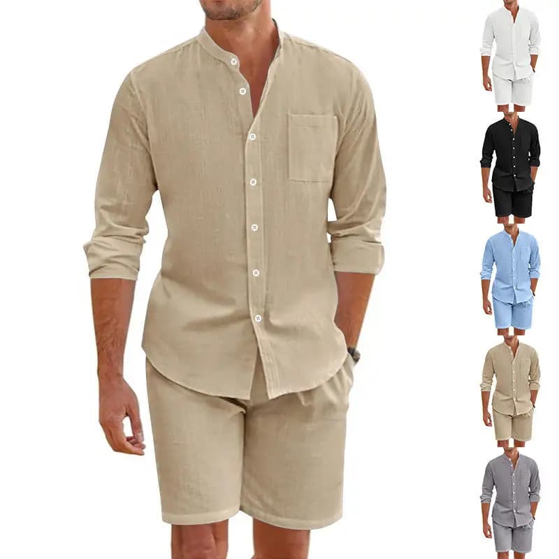 Completo Estivo da Uomo in Lino: Camicia a Maniche Lunghe con Bottoni, Pantaloncini e Cardigan, Set Casual da Spiaggia Comodo, Traspirante e Leggero