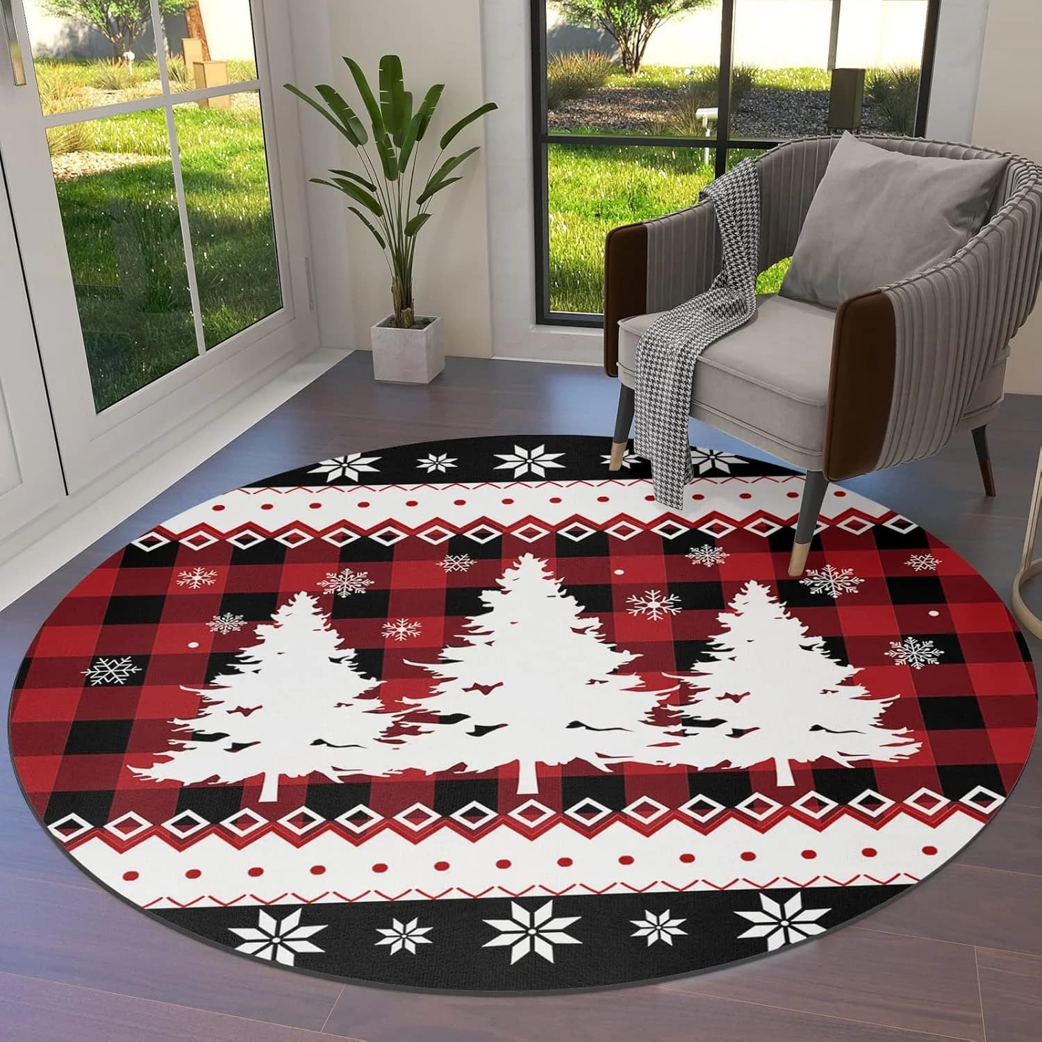 Tappeto natalizio rotondo Tappeti bianchi con fiocchi di neve Tappetino lavabile per interni per soggiorno, cucina, camera da letto, asilo nido