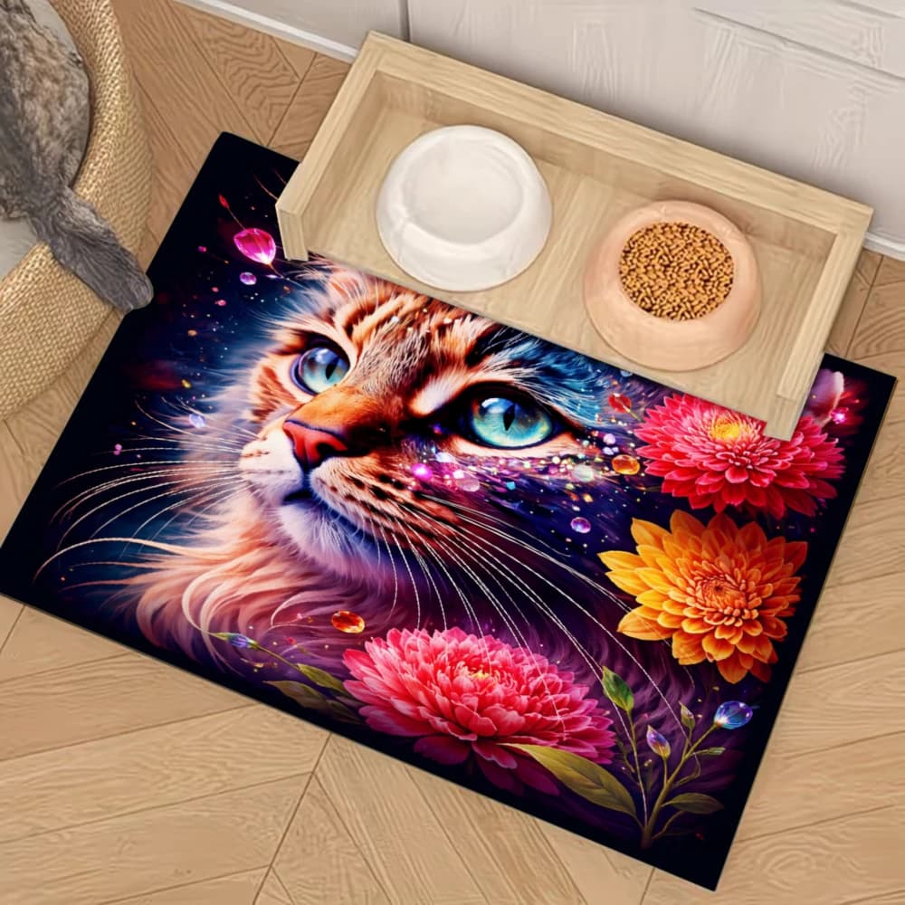 Tappetino antiscivolo per l'alimentazione degli animali domestici con gatto colorato con fiori e stelle, articoli per animali domestici, tappetini antispruzzo e antiscivolo per cani e gatti