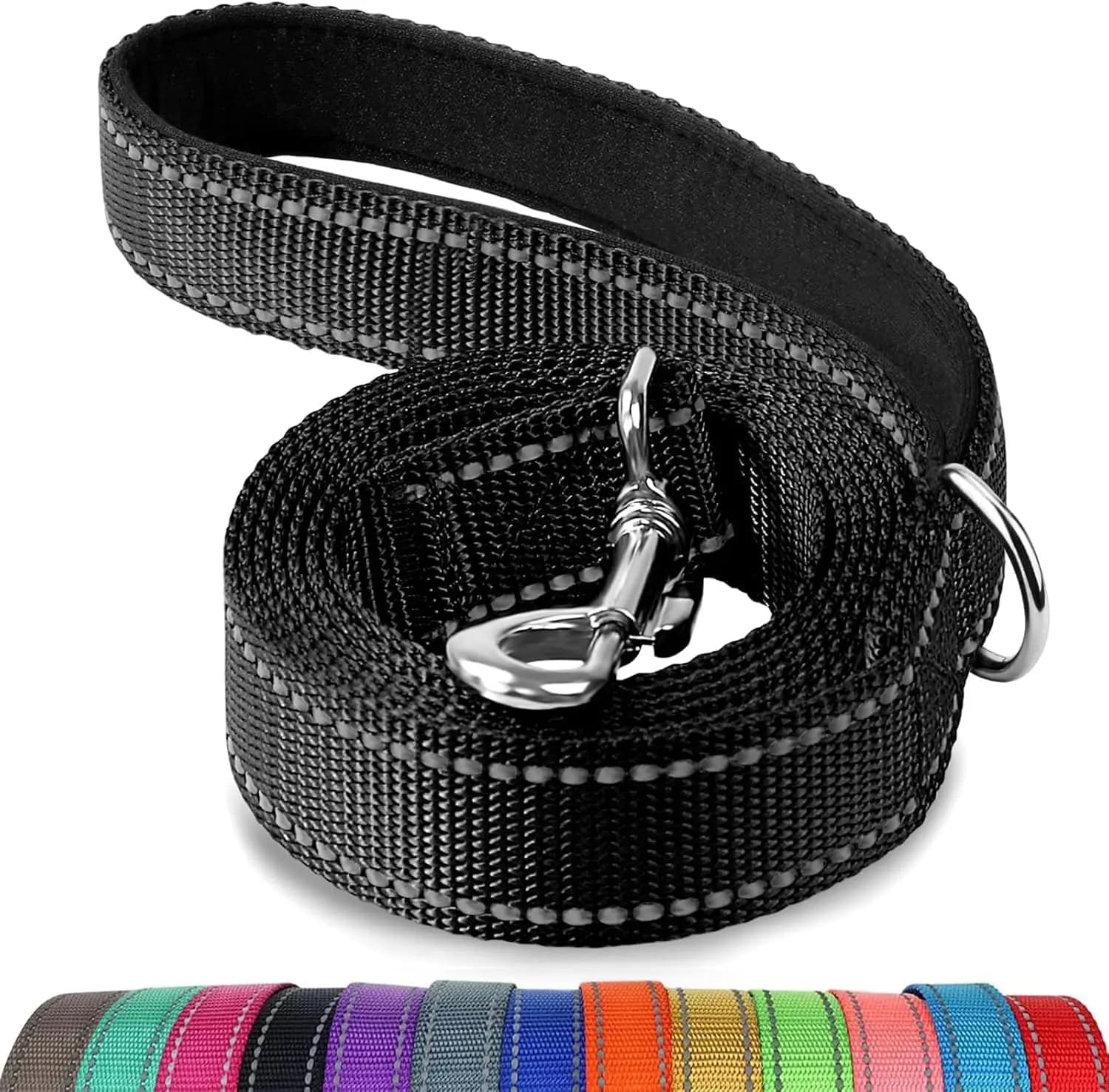 Guinzaglio per cani riflettente da 6 piedi, con impugnatura imbottita in nylon resistente per cani di taglia media e grande, nero