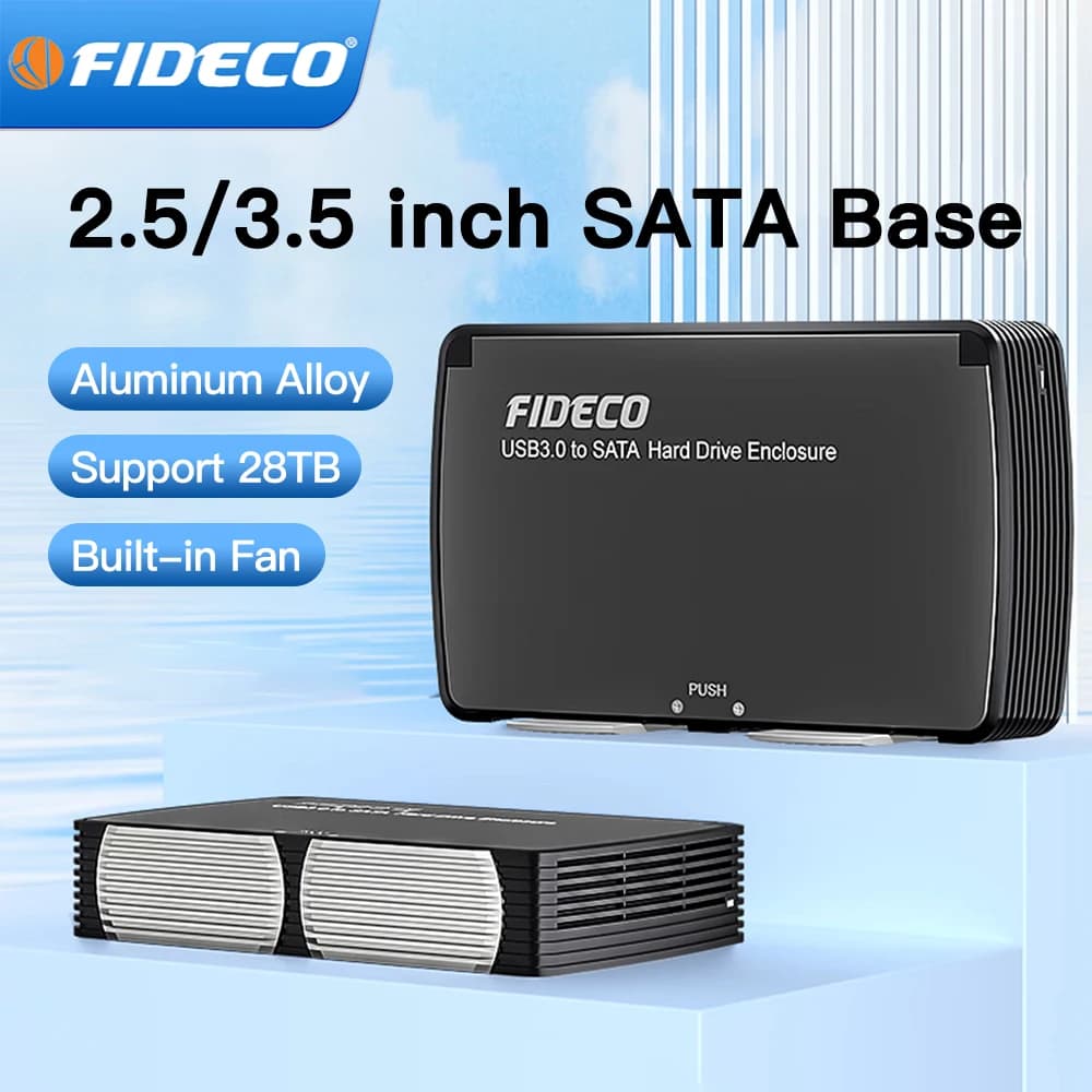 FIDECO 3.5" Hard Drive Enclosure USB3.0 to SATA Aluminium External Hard HDD Case with Built-in Cooling Fan for 3.5/2.5 Inch HDD