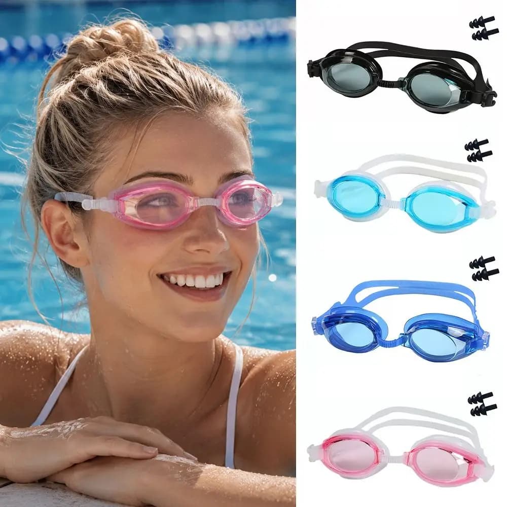 Adjustable Head Strap Swimming Goggles HD Clear Lens Soft Silicone Eye Seal Waterproof Swim Eyewear Earplug