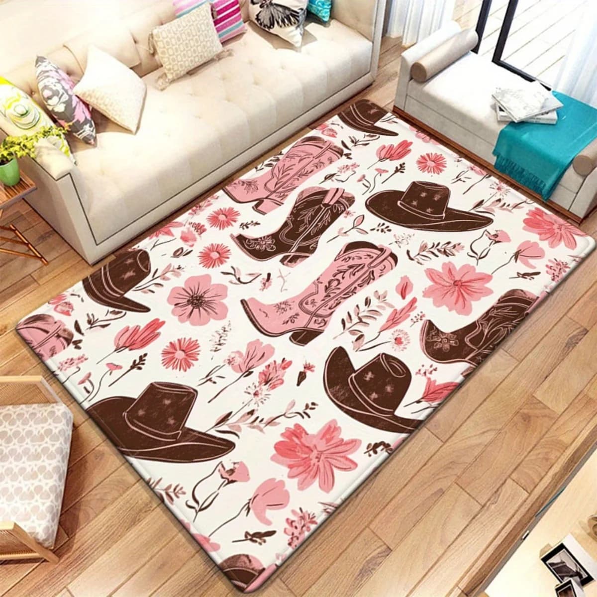 Boho Floral Cowboy Area Rug Western Southwest Decor Pink Boot Hat Pattern Living Room Throw Mat Accent Rug