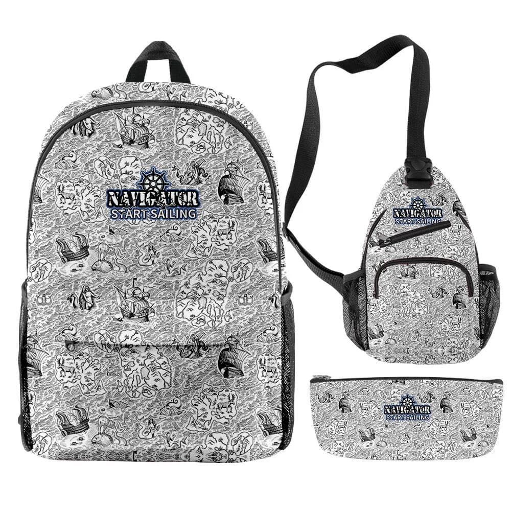 Cartoon Youthful Funny Vintage Navigation Map 3pcs/Set Backpack 3D Print Bookbag Laptop Daypack Backpacks Chest Bags Pencil Case