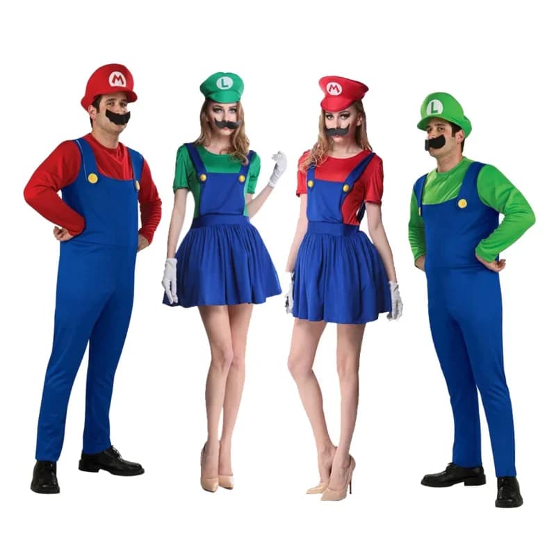 Cosplay Super Plumber Bros Costumes for Men and Women, Outfit for Halloween and Carnival, Elegant suit with Hat, Smurf and Gloves